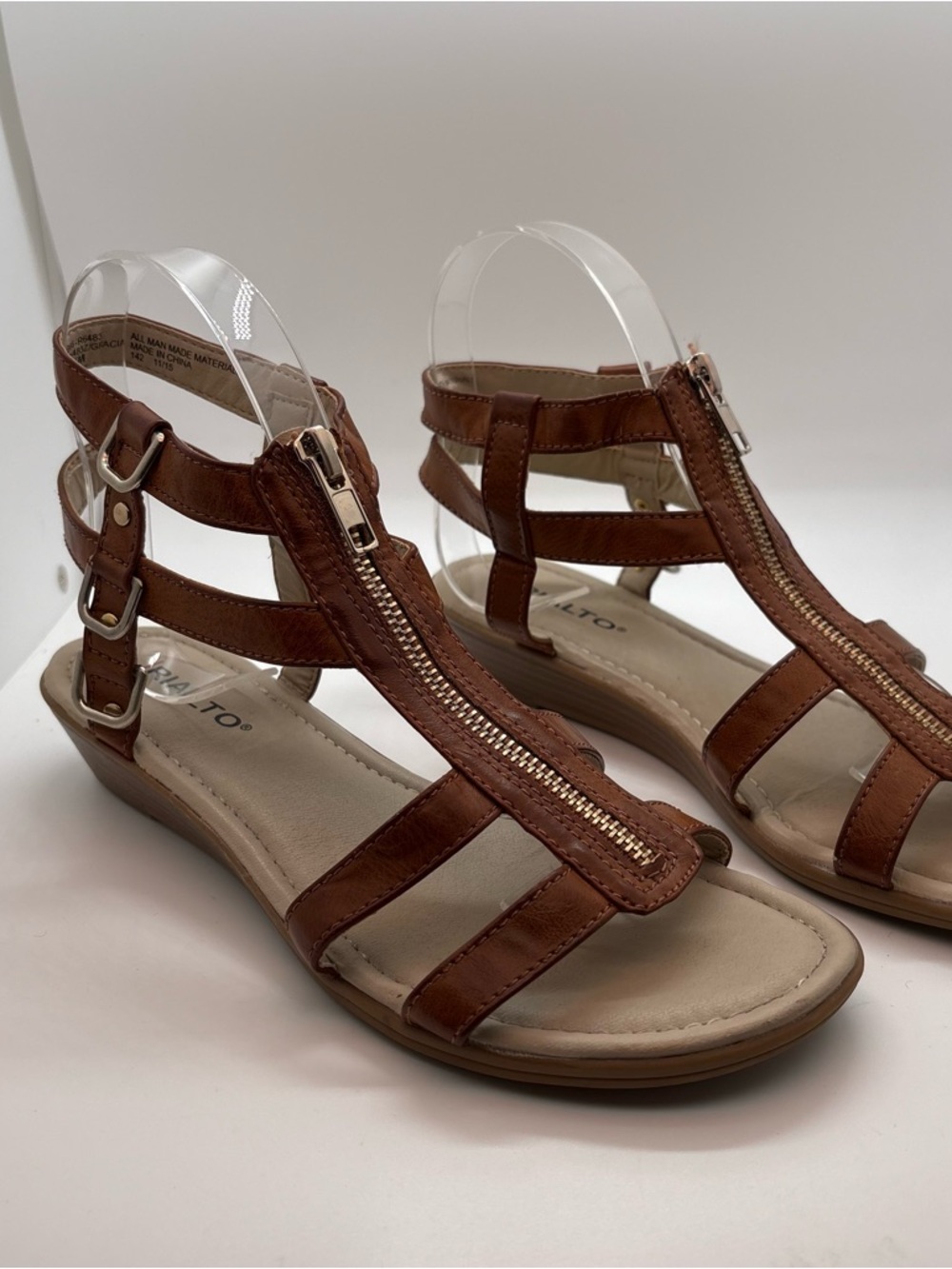 Rialto Brown T-Strap Gladiator Sandals with Front Zip